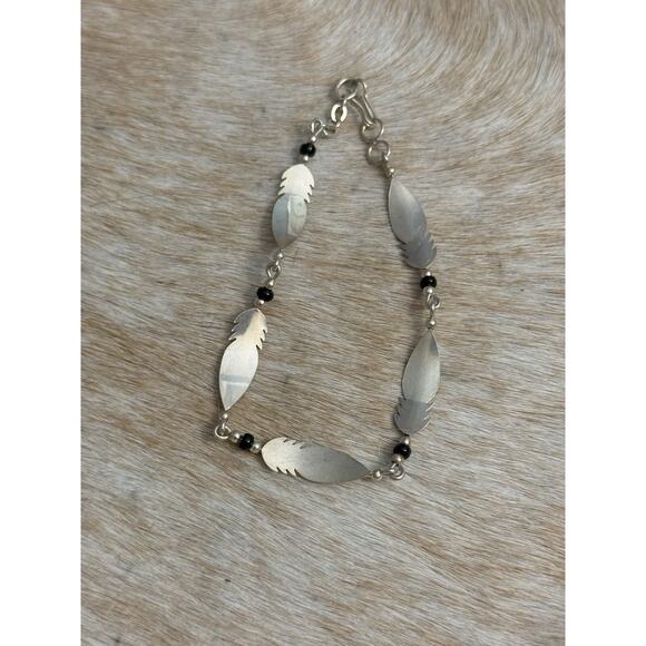 Native American SW Sterling Silver Feather Link Onyx Bracelet 7” - Picture 5 of 12